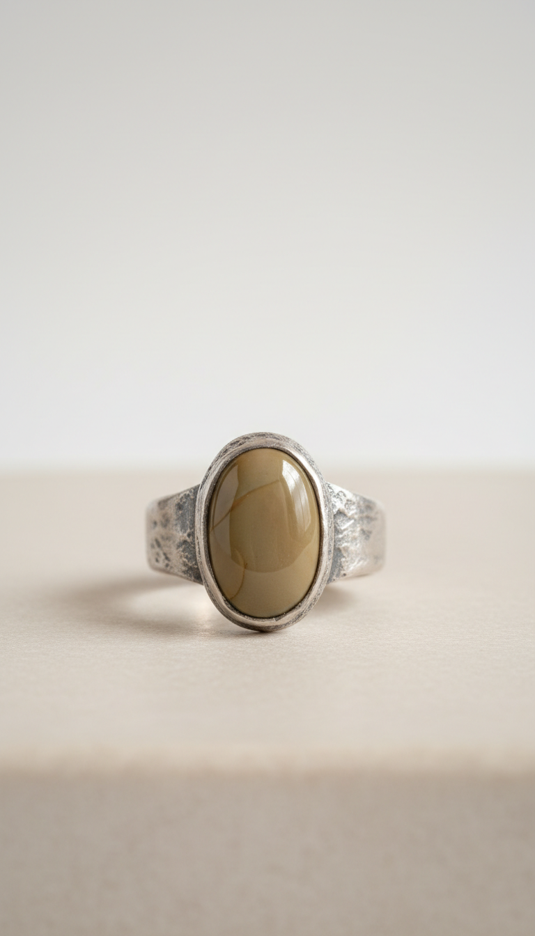 Hand-Forged Pewter Ring With Olive Stone