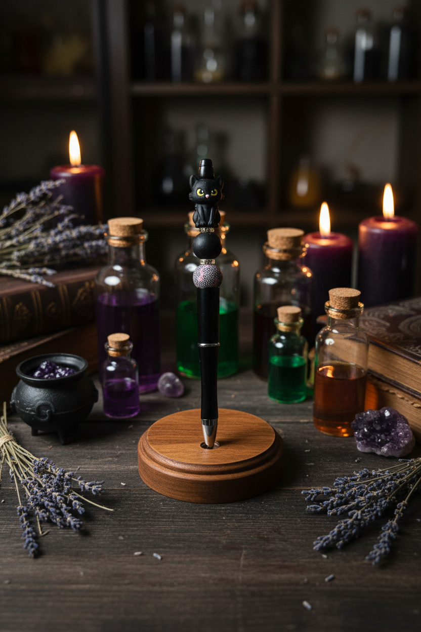 Black Cat Beaded Pen - Witchy Desk Scene