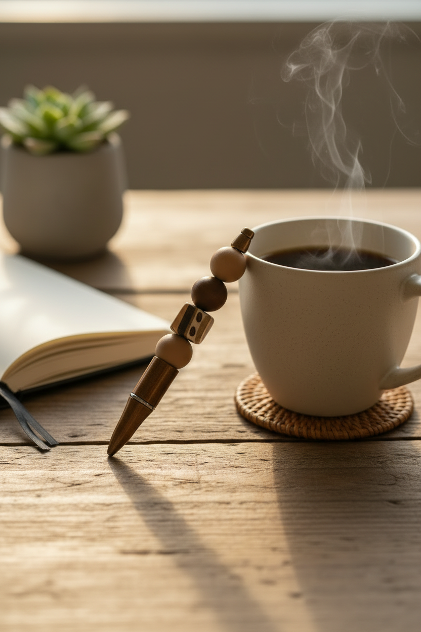 Café au Lait Beaded Pen on Desk with Coffee