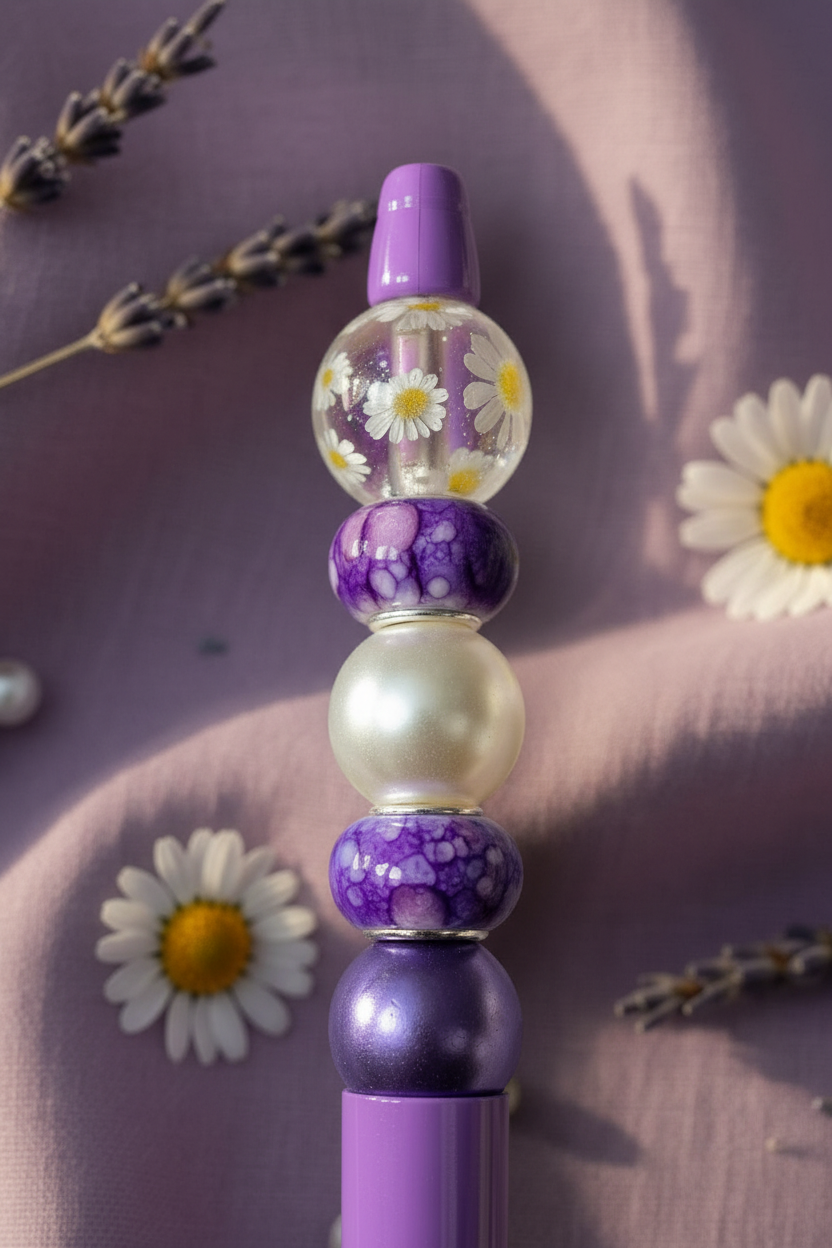 Close-up of Lavender Daisy Beaded Pen Top