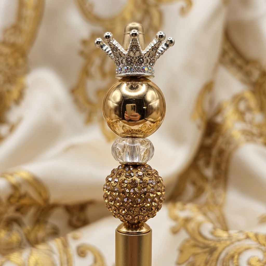 Close-up of the crown topper and gold beads