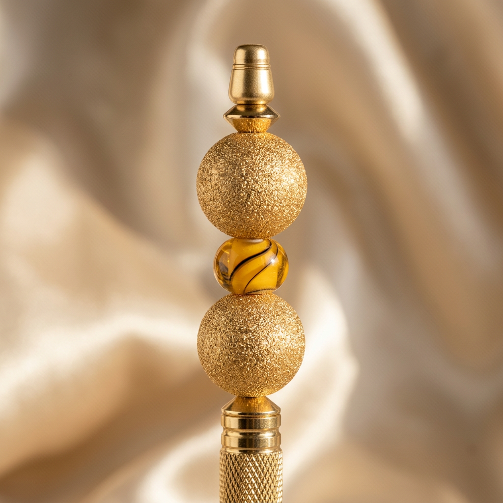 Close-up of the textured gold beads and amber-coloured accent