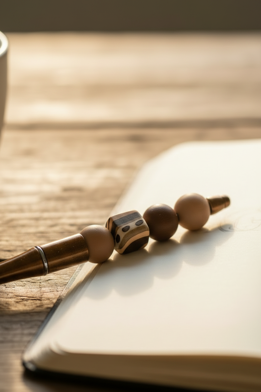Earthy Beaded Pen on Desk with Coffee