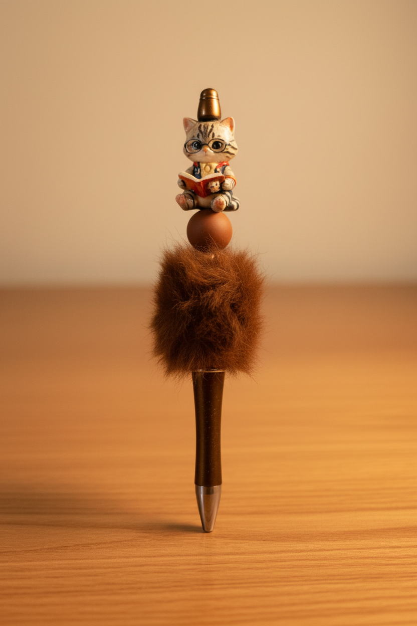 Fuzzy Reading Cat Pen - Warm Wooden Desk
