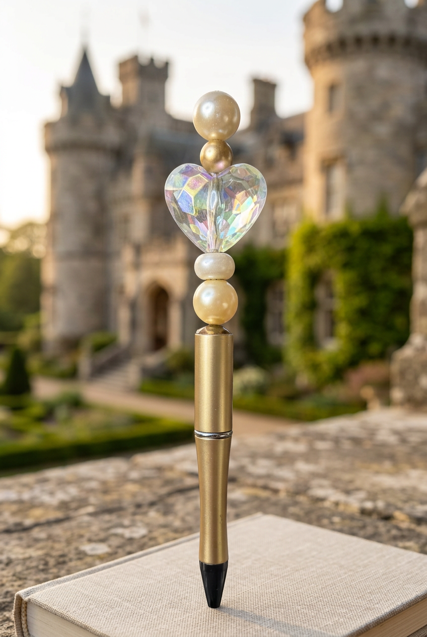 Gold and cream beaded pen with a castle background