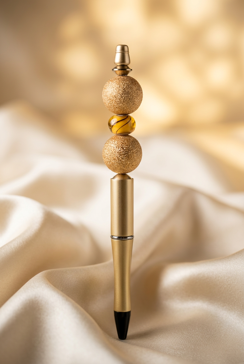Gold beaded pen on champagne satin