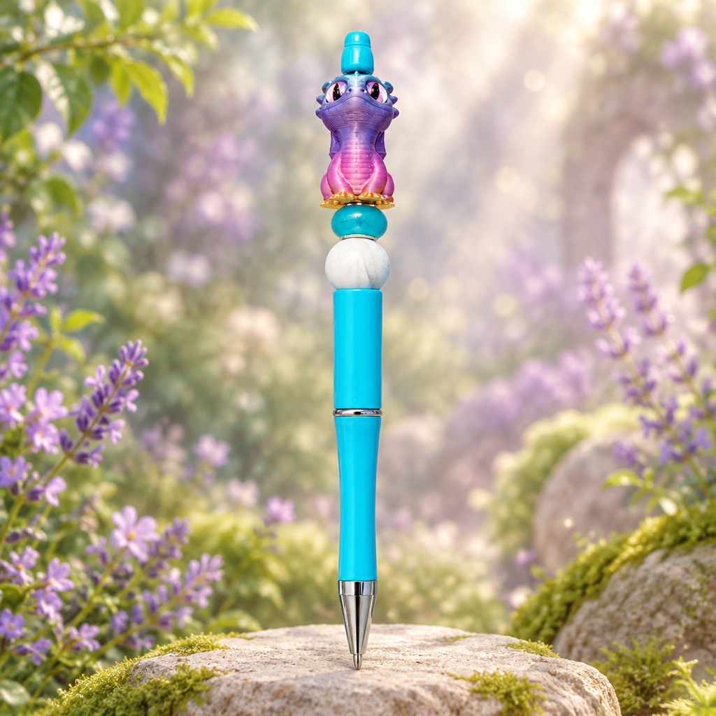 Turquoise pen with a purple-and-pink dragon topper in a lavender garden setting