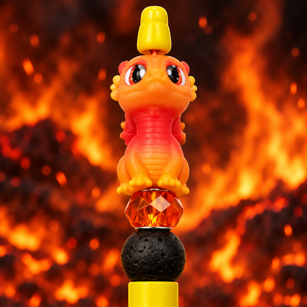 Close-up of the orange and red dragon topper on the yellow Fire Dragon beaded pen.