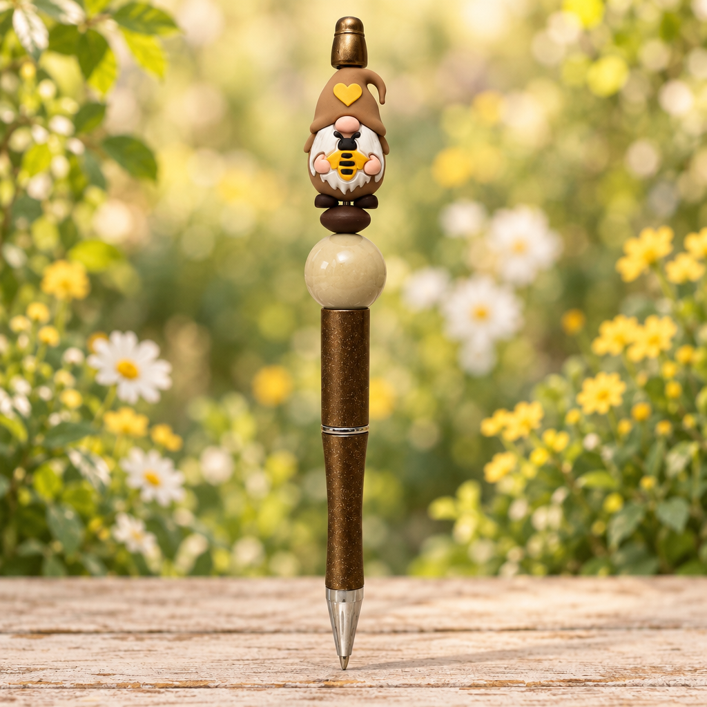 Gnome sweetheart pen with a bee-holding gnome topper in a sunny cottage garden