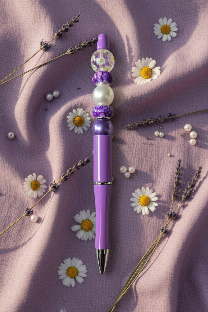 Lavender Daisy Beaded Pen on Lavender Background