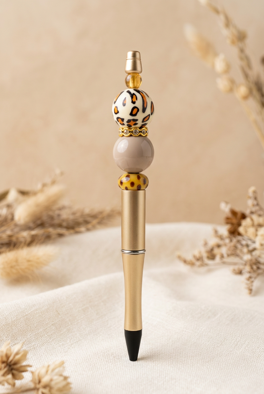 Leopard-print beaded pen against a warm ivory linen background