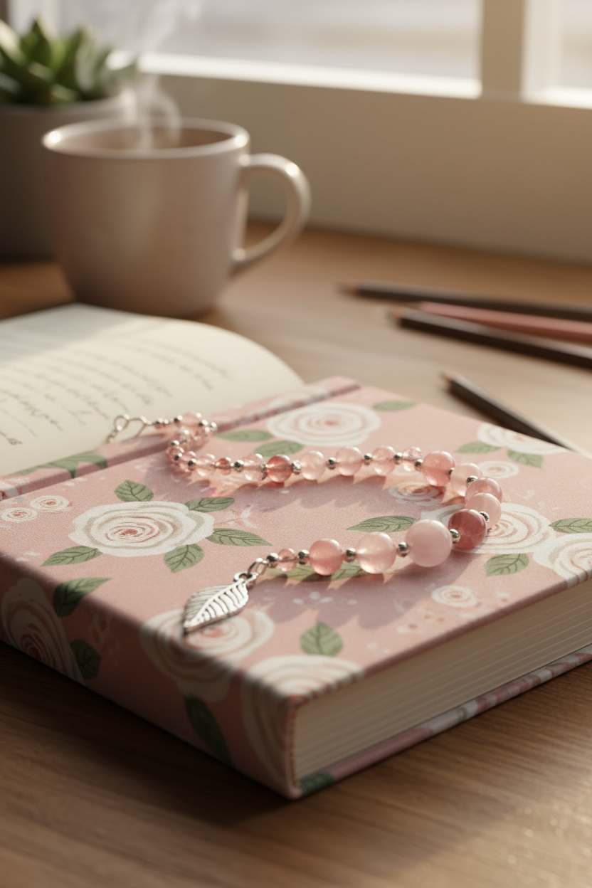 Pink Beaded Bookmark on Teen Journal