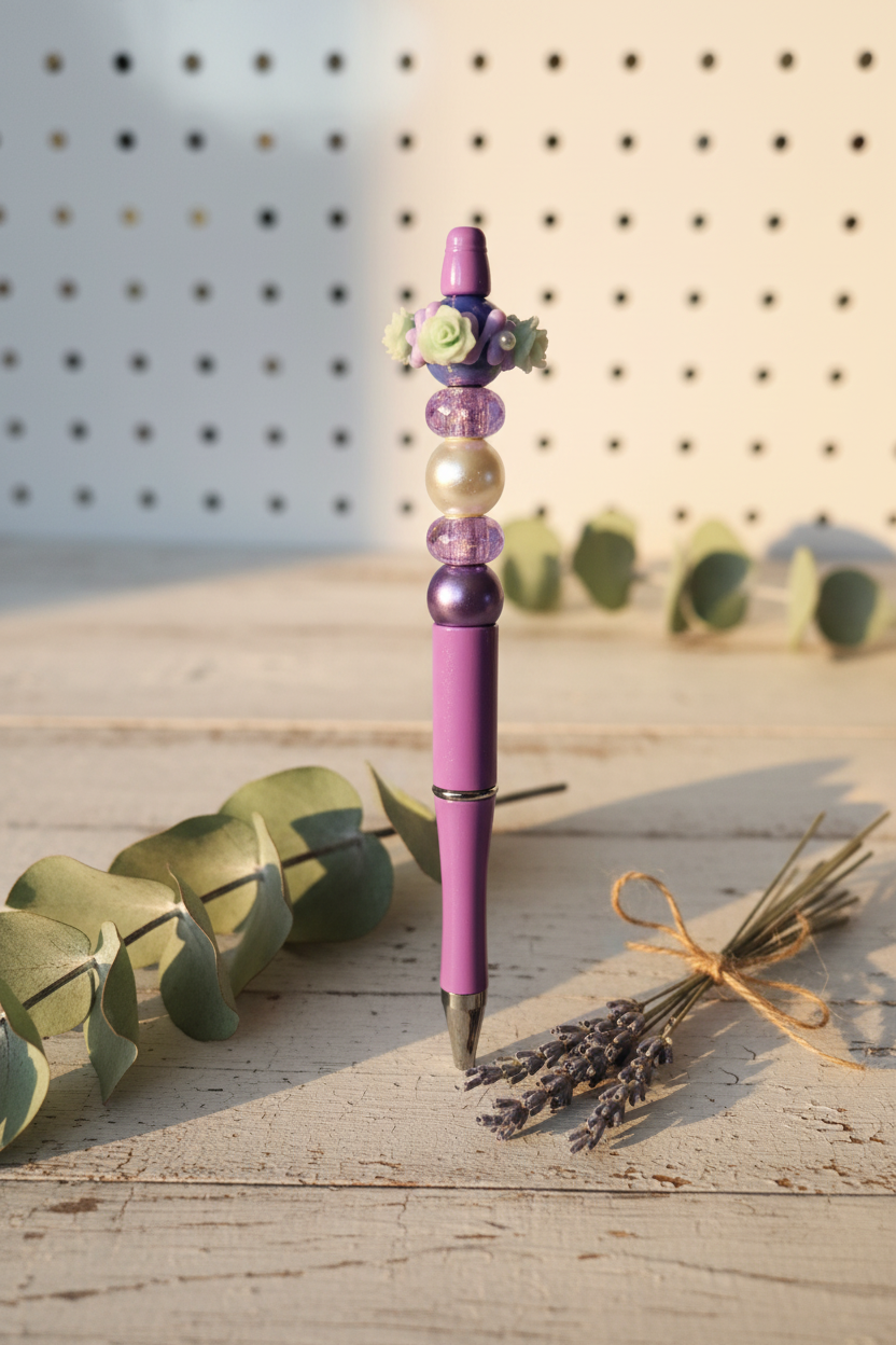 Purple Beaded Pen on Weathered White Wood with Sage and Lavender