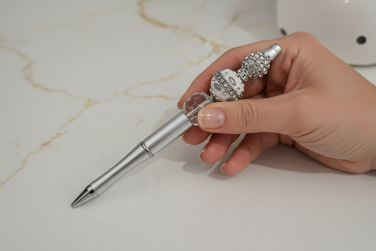 Woman's hand holding silver and white beaded pen